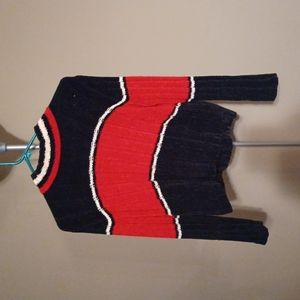 Juniors sweater, navy blue with white and red.